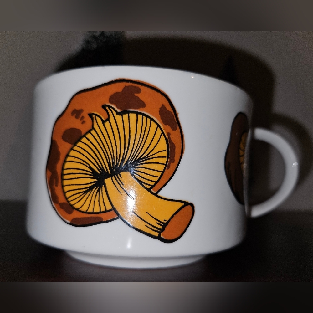 Vintage White Ceramic Soup Mug with Orange Mushroom Graphic
